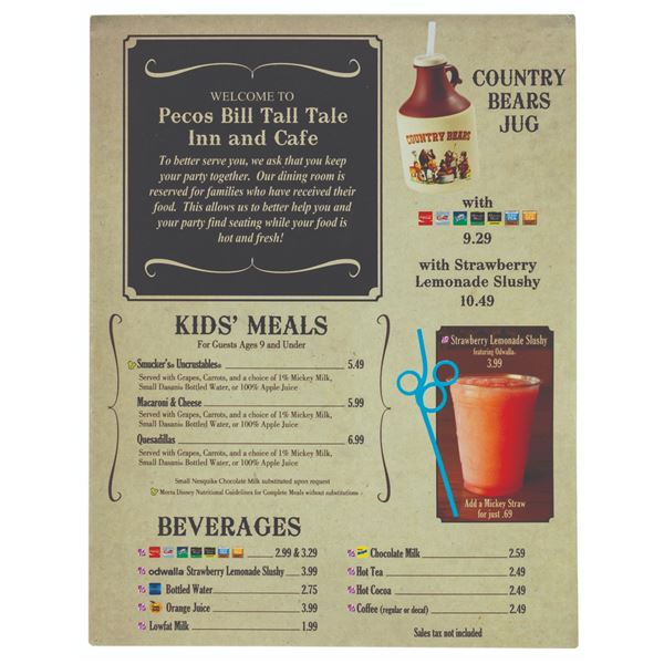 Pecos Bill Tall Tale Inn and Cafe Menu.