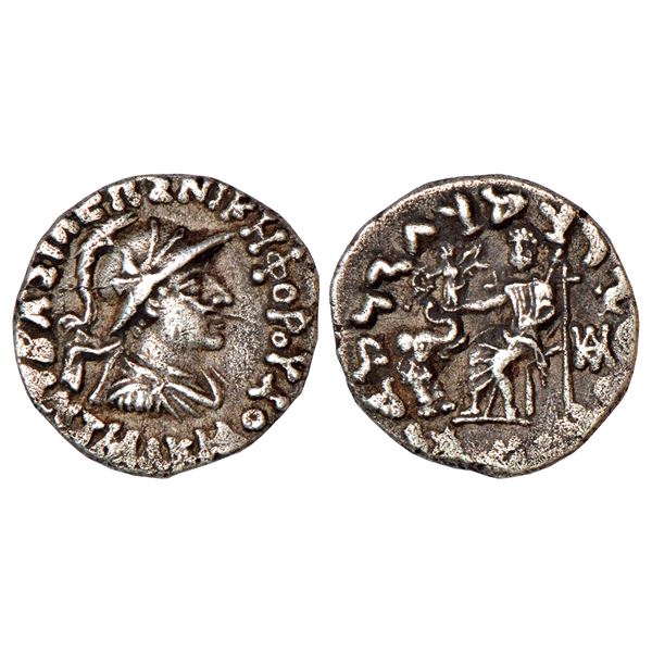 Ancient India: Indo-Greeks, Antialkidas (130-120BC), silver drachm, BN series 13C, 2.26g.