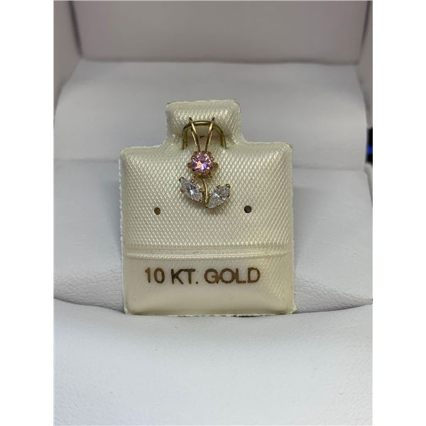 14K GOLD  Cubic Zirconia Pink Flower Pendant