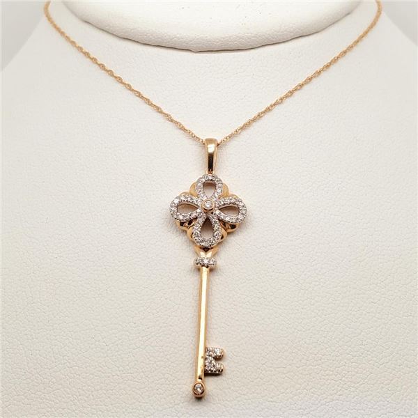 10K Yellow Gold Diamond(0.25ct) Key Pendant And Wheat Link Necklace With Spring Ring Clasp, 53 Prong