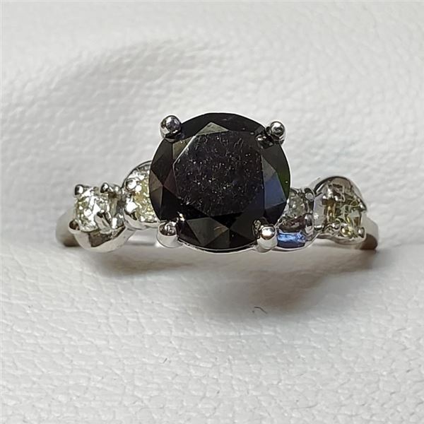 10K White Gold Fancy Black Diamond(1.75ct) Diamond(0.2ct) Claw Set, 4 Side Diamonds(Si,G-H) Ring (~S