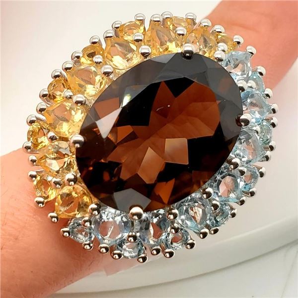 Silver Smokey Quartz And Blue Topaz(14.8ct) 925 Marked, Colorful Gemstones Ring (~Size 8)(Ring is re