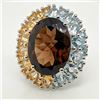 Image 2 : Silver Smokey Quartz And Blue Topaz(14.8ct) 925 Marked, Colorful Gemstones Ring (~Size 8)(Ring is re