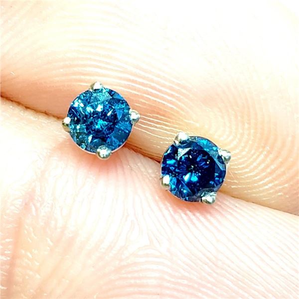 14K White Gold 2 Fancy Diamond(0.38ct) Blue Diamond Studs Earrings (~weight 0.4g), Made in Canada, S