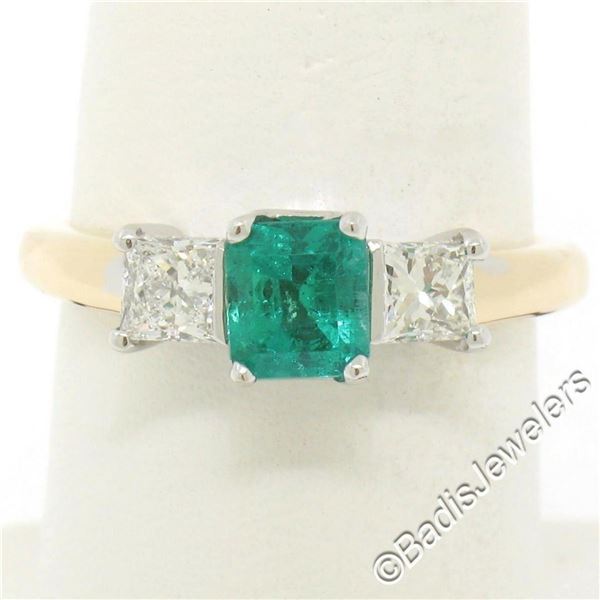 14K Yellow & White Gold 1.36 ctw Colombian Emerald Princess Diamond 3 Stone Ring