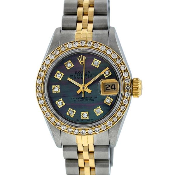 Rolex Ladies 2 Tone Tahitian MOP Diamond Oyster Perpetual Datejust Wristwatch