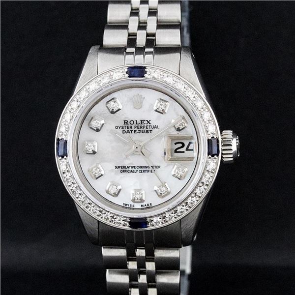 Rolex Ladies Stainless Steel Mother Of Pearl Diamond & Sapphire Datejust Wristwa