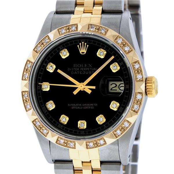 Rolex Mens 2 Tone Black Pyramid Diamond 36MM Oyster Perpetual Datejust Wristwatc