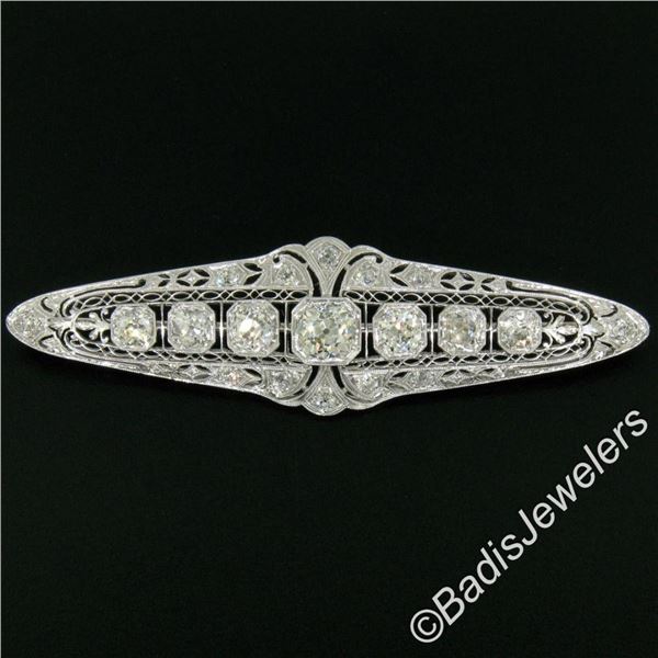 Art Deco Platinum 6.00 ctw Old European and Mine Cut Diamond Filigree Brooch