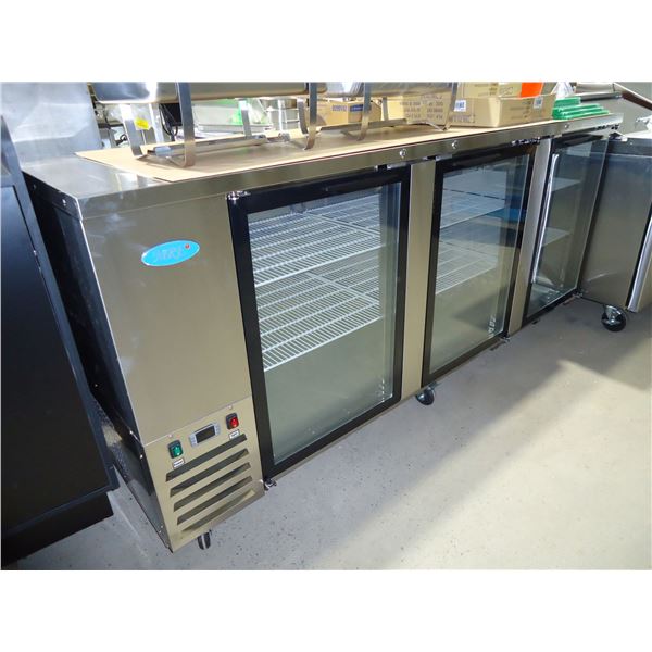 NEW 90" Counter Top Glass Beer Cooler, 3 Doors, On Casters
