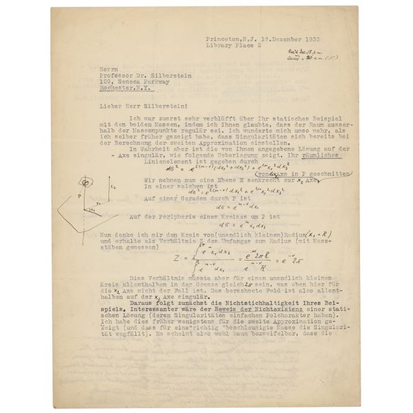 Albert Einstein Typed Letter Signed with Handwritten Equations on Spacetime (December 17, 1933)