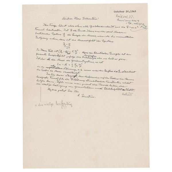 Albert Einstein Autograph Letter Signed with E=mc2 (October 26, 1946)