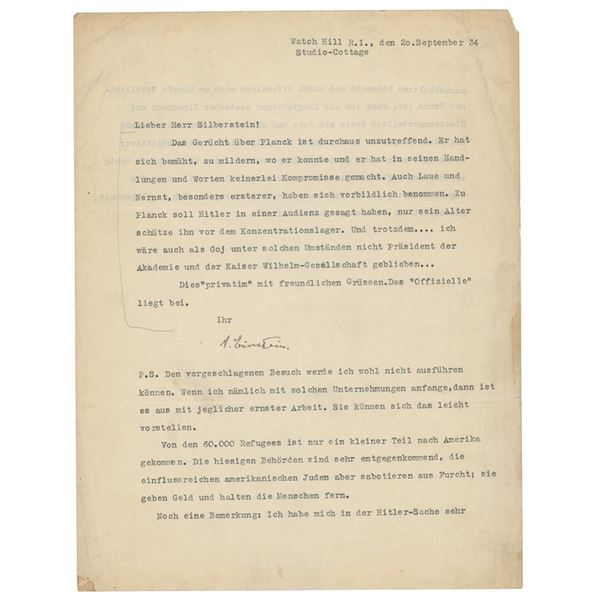 Albert Einstein Typed Letter Signed on Hitler and Planck (September 20, 1934)