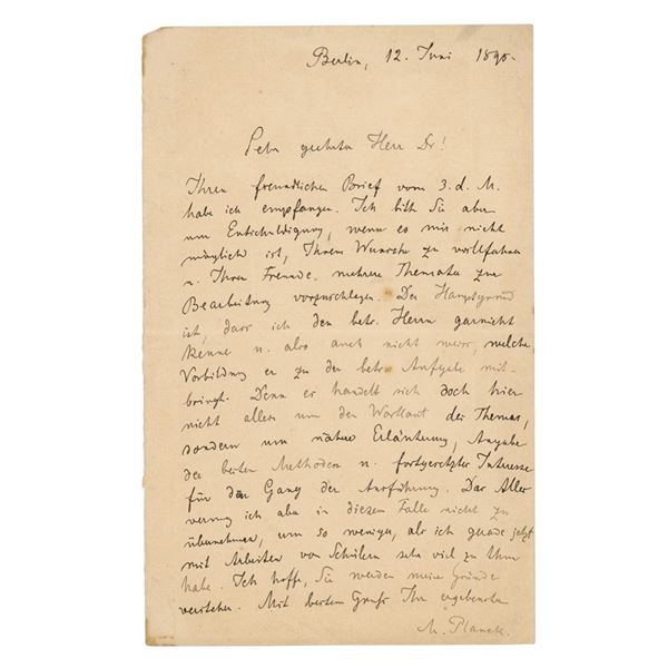 Max Planck Autograph Letter Signed on Research Topics (June 12, 1896)