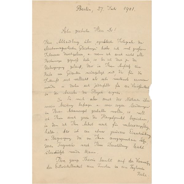 Max Planck Autograph Letter Signed on a Scientific Paper (July 27, 1901)