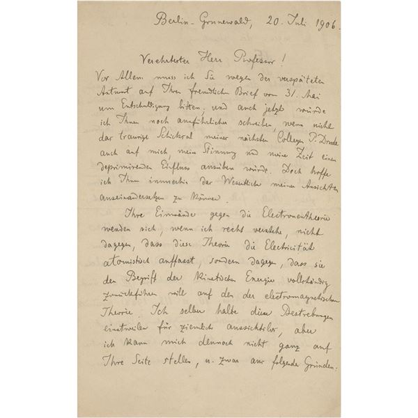 Max Planck Autograph Letter Signed on Objections to the Electron Theory (July 20, 1906)