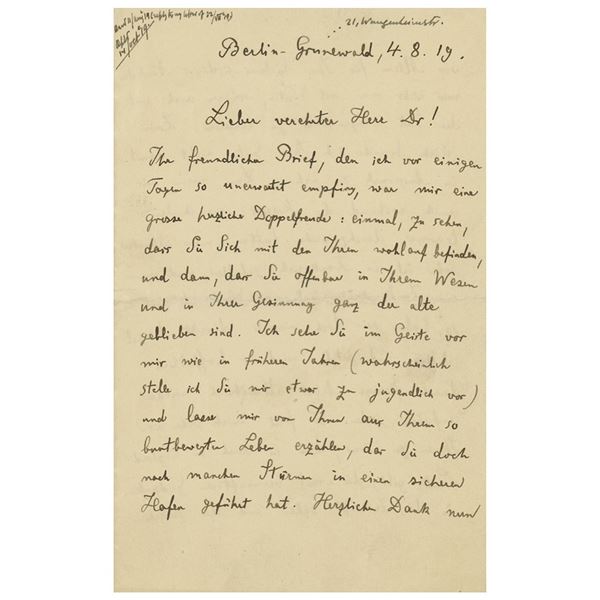 Max Planck Autograph Letter Signed on World War I and Family (August 4, 1919)