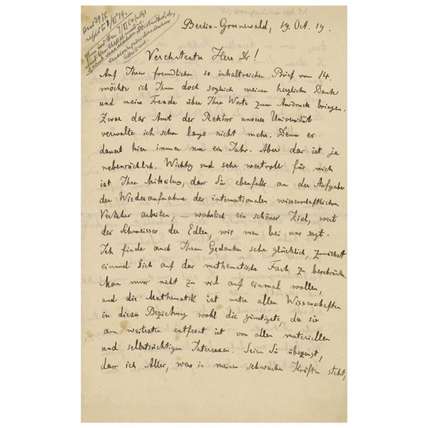 Max Planck Autograph Letter Signed on Einstein's Theory of Gravitation (October 19, 1919)