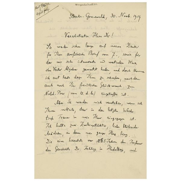 Max Planck Autograph Letter Signed on Nobel Prize and Platinum Meter Standard (November 30, 1919)