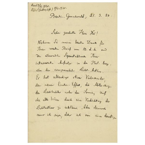 Max Planck Autograph Letter Signed on Ether and Relativity (March 21, 1920)