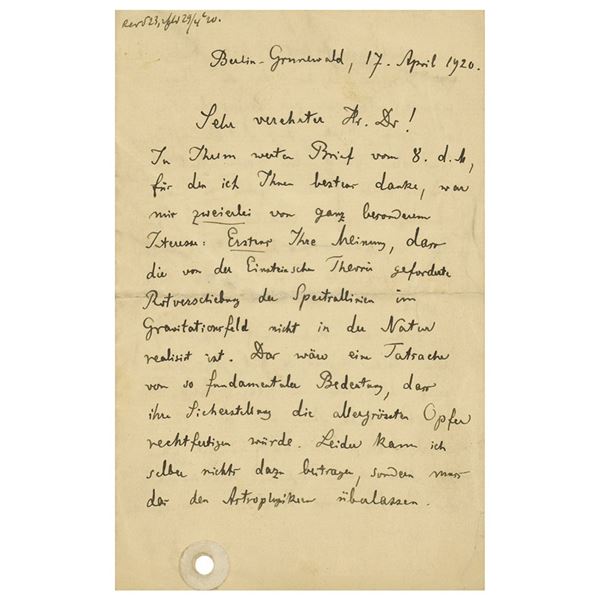 Max Planck Autograph Letter Signed on Gravitational Redshift and Ether Theory (April 17, 1920)