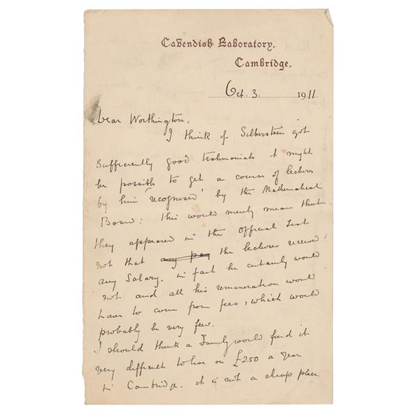 J. J. Thomson Autograph Letter Signed on Silberstein's Lectures (October 3, 1911)