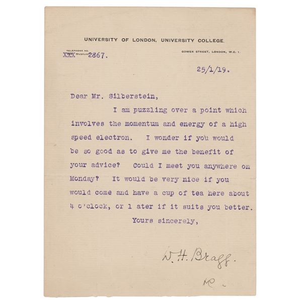 William Henry Bragg Typed Letter Signed on a High Speed Electron Problem (January 25, 1919)