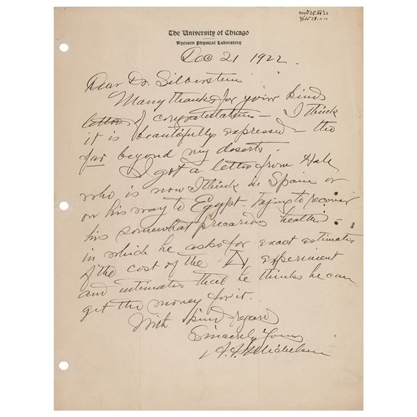 Albert A. Michelson Autograph Letter Signed on an Ether-Drift Experiment (December 21, 1922)