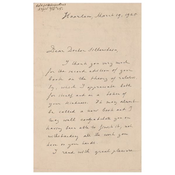 Hendrik Antoon Lorentz Autograph Letter Signed on Silberstein's Theory of Relativity Textbook (March