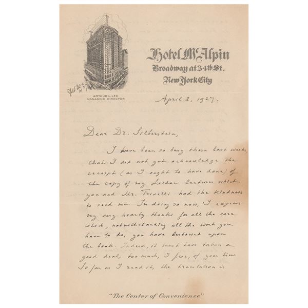 Hendrik Antoon Lorentz Autograph Letter Signed on Silberstein's Leiden Lectures Translation (April 2