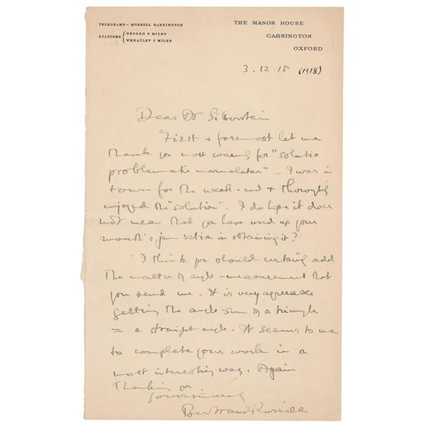 Bertrand Russell Autograph Letter Signed on Geometry (March 12, 1918)