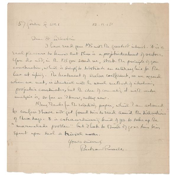 Bertrand Russell Autograph Letter Signed on a Mathematical Manuscript (November 12, 1918)