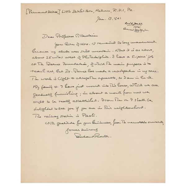 Bertrand Russell Autograph Letter Signed on the Barnes Foundation (January 18, 1941)