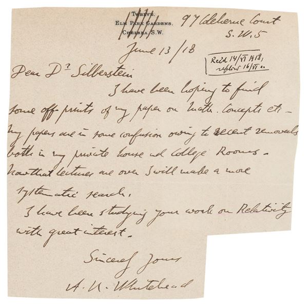 Alfred North Whitehead Autograph Letter Signed on Math Concepts and Relativity (June 13, 1918)