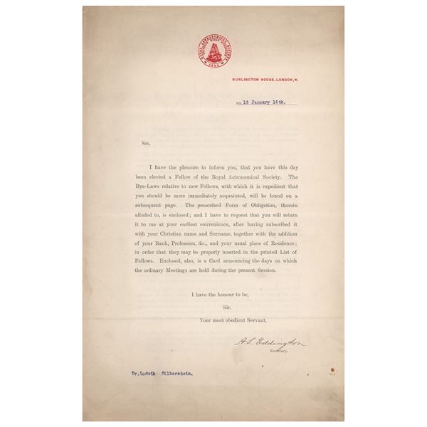 Arthur Eddington Letter Signed on Royal Astronomical Society Fellowship (January 14,  1916)