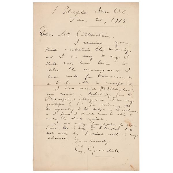 Alfred George Greenhill Autograph Letter Signed on Silberstein's Relativity Paper (January 21, 1913)