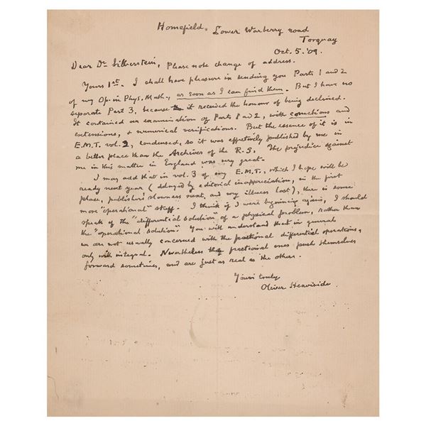 Oliver Heaviside Autograph Letter Signed on Operators in Physical Math (October 5, 1909)