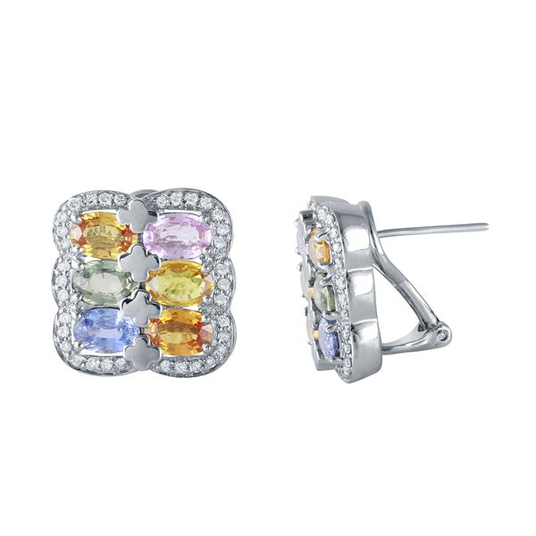 Natural 7.66 CTW Multi-Sapphire & Diamond Earrings W=5MM 18K Gold - REF-197K3R