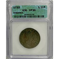 1722 1/2P Hibernia Halfpenny, Type One, Harp Left VF30