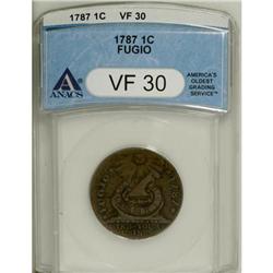 1787 1C Fugio Cent, Club Rays, Rounded Ends VF30 ANACS
