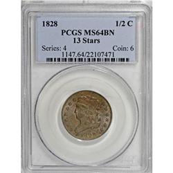 1828 1/2 C 13 Stars Brown MS64 PCGS