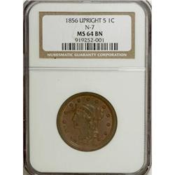 1856 1C Upright 5 Brown MS64 NGC