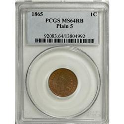 1865 1C Plain 5 Red and Brown MS64 PCGS