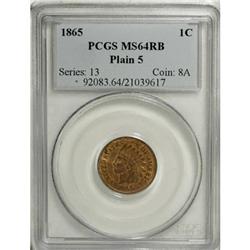 1865 1C Plain 5 Red and Brown MS64 PCGS