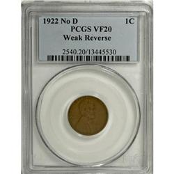 1922 No D 1C Weak Reverse VF20 PCGS