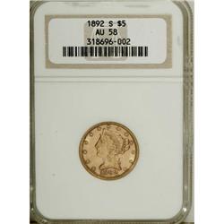 1892-S $5 AU58 NGC
