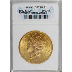1892-S $20 MS60 ANACS