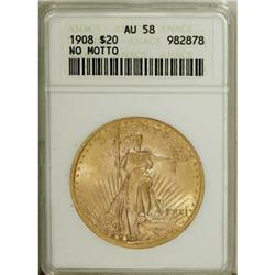 1908 $20 No Motto AU58 ANACS