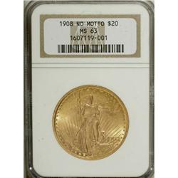 1908 $20 No Motto MS63 NGC