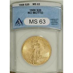 1908 $20 No Motto MS63 ANACS